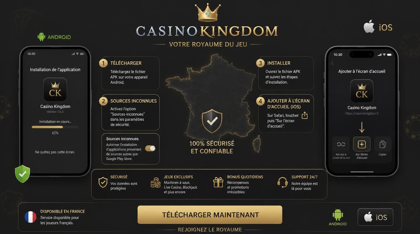 Un smartphone affichant l’installation d’une application de casino avec autorisation Android et option web iOS