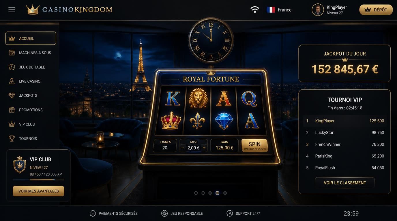 Interface de casino nocturne élégante avec slot lumineux, ambiance lounge française